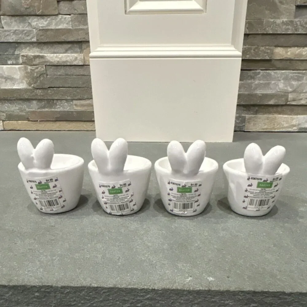 Hobby Lobby Set of 4 Bunny Ear Ceramic Egg Cups White Easter